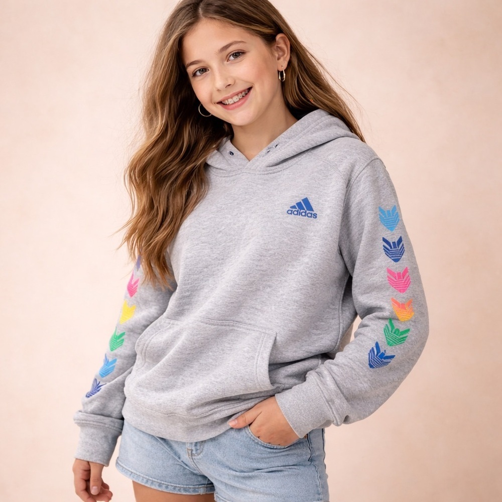 Adidas Gray Hoodie Kids Size M 10/12 Multicolor Logo Sleeve Athletic Sweatshirt